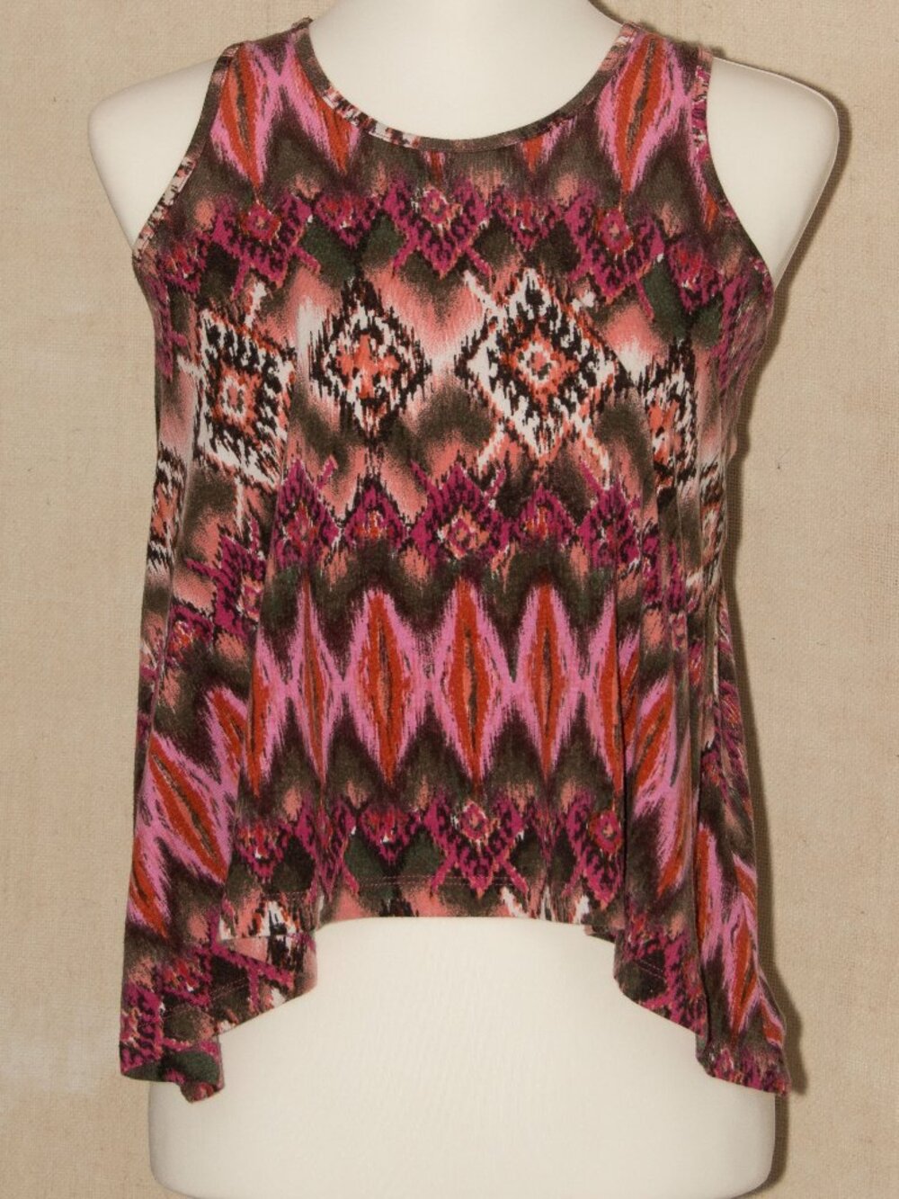 Aztec Bohemian print flowing tank top with weave racer back